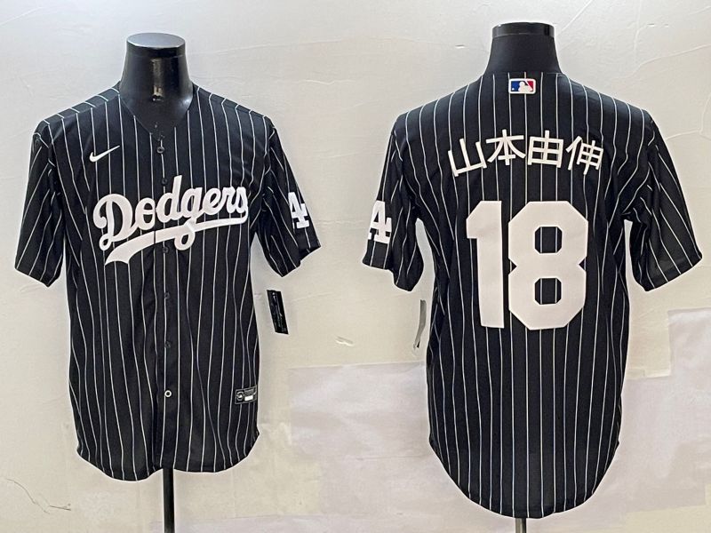 Men Los Angeles Dodgers 18 Yamamoto Black Stripe Jointly Name 2025 Nike MLB Jersey style 16